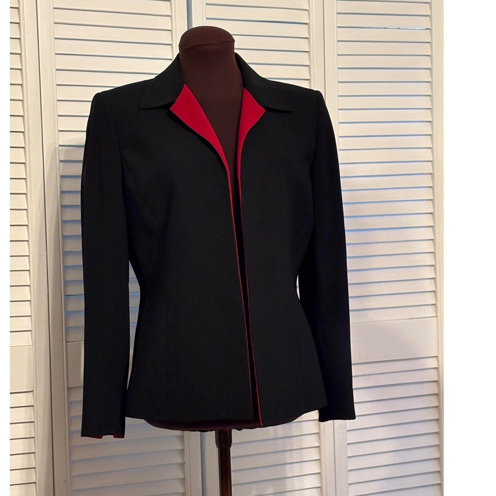 Kasper Womens Black Blazer Red Contrast Lapel Open Front Suit Jacket Size 12